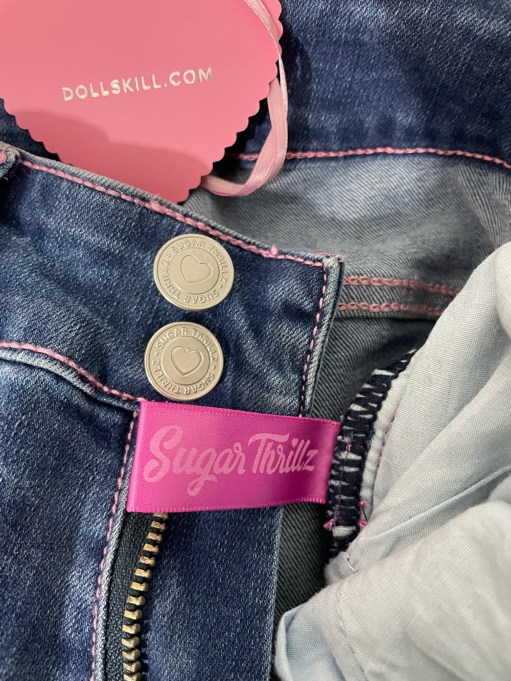 SUGAR THRILLZ Amazed Babe Corset Tie Low Rise Flare Jeans Blue Pink Size XXS - Picture 8 of 9